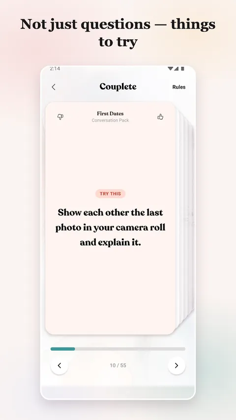 An action card from the First Dates deck: “Show each other the last photo in your camera roll and explain it.”