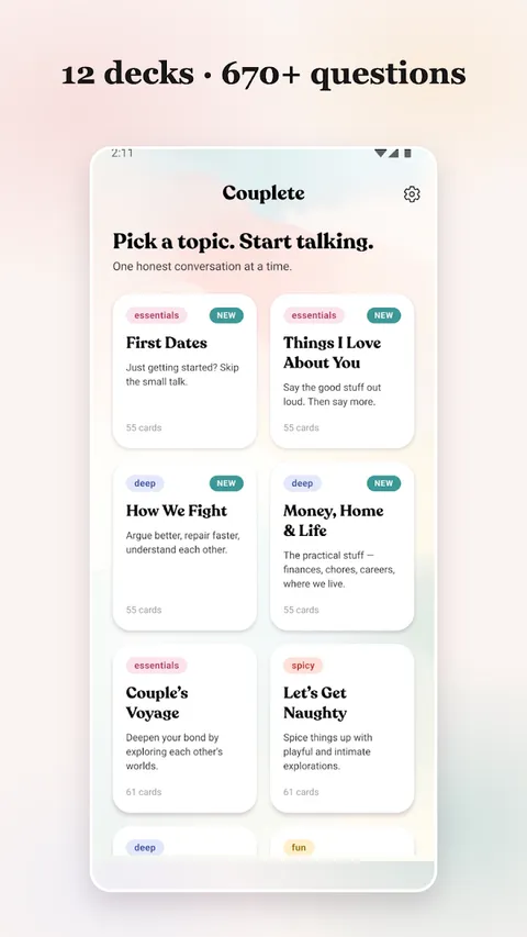 Couplete's home screen: 12 decks to pick from, including First Dates, How We Fight and Couple’s Voyage.