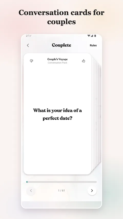 A question card from the Couple’s Voyage deck: “What is your idea of a perfect date?”